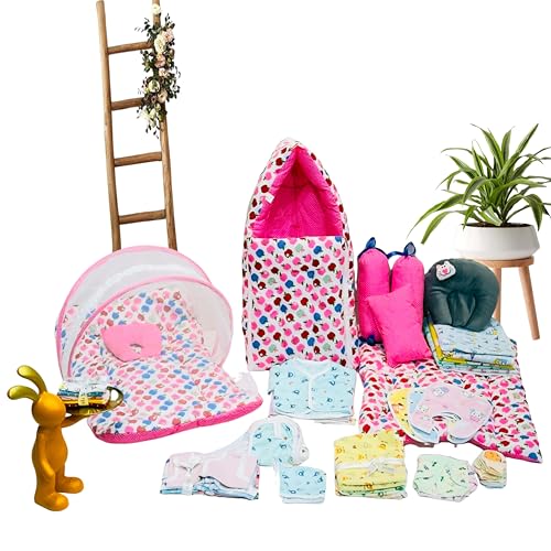 Infantbond 60 in 1 Summer Season New Born Baby Complete Daily Items Combo | Baby Gift Set (0-6 Months) (Pink Moon) - Image 1