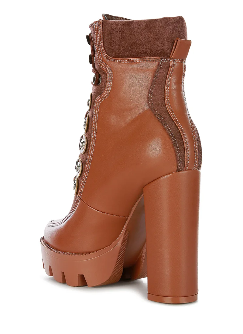 London Rag High Heel Lace-Up Biker Boot in Tan Black