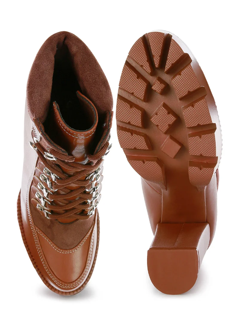London Rag High Heel Lace-Up Biker Boot in Tan Black