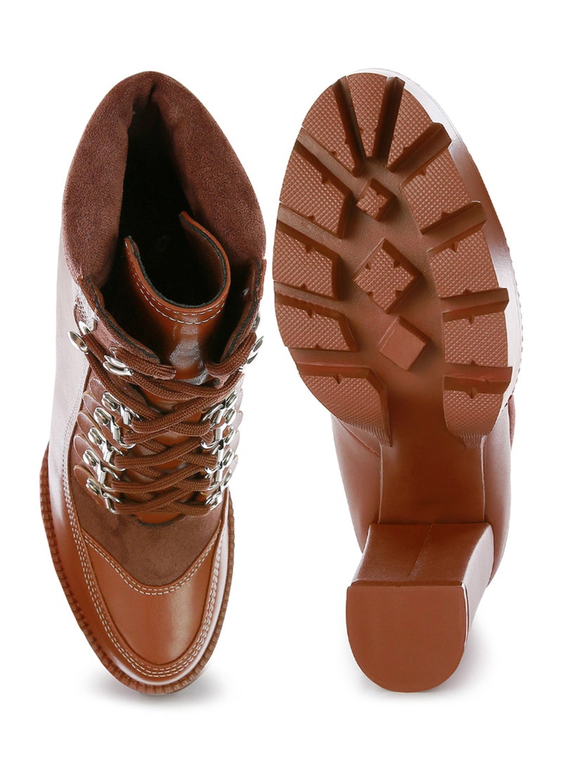 London Rag High Heel Lace-Up Biker Boot in Tan Black  - Image 4