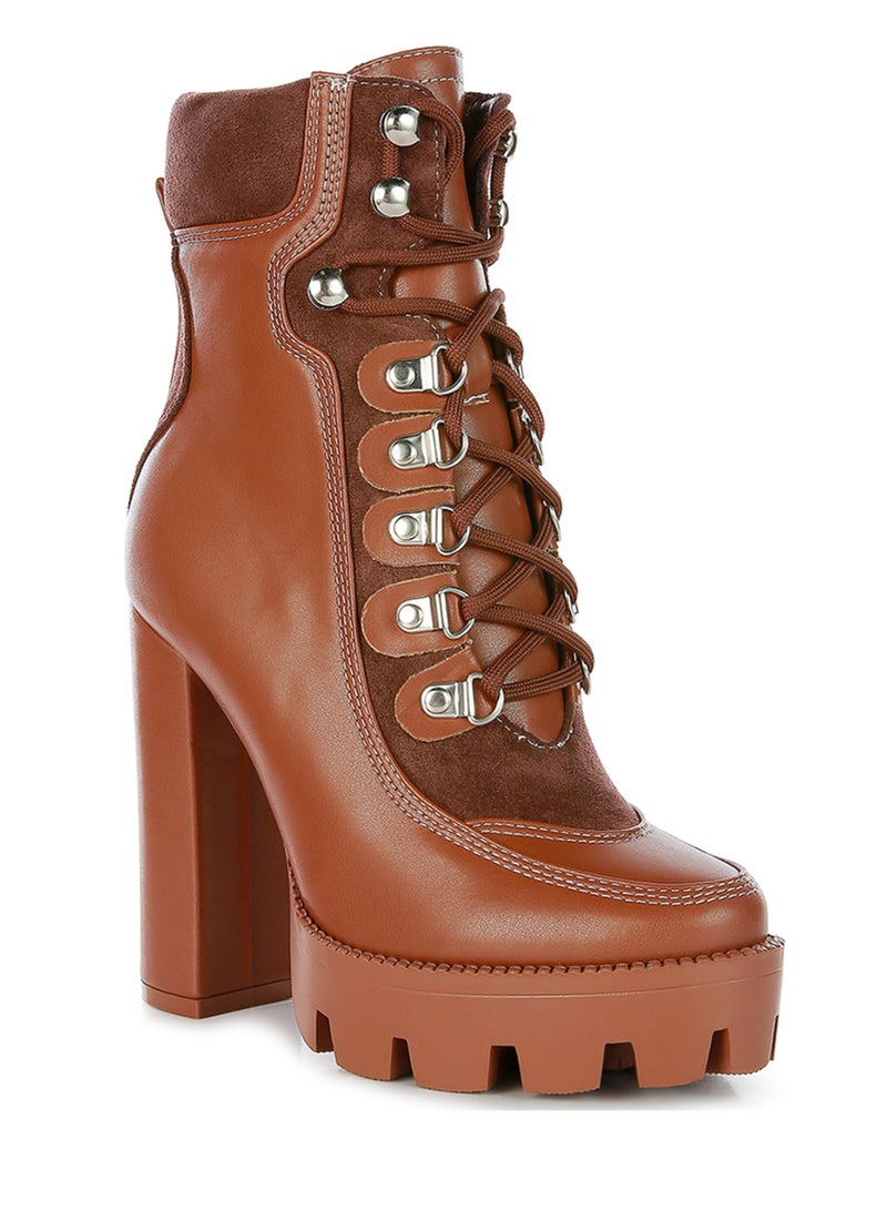London Rag High Heel Lace-Up Biker Boot in Tan Black  - Image 2