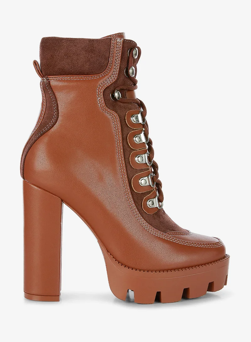 High Heel Lace-Up Biker Boot in Tan Black