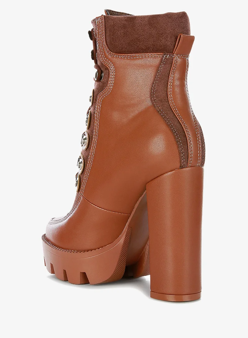 London Rag Tan and Brown High Heel Lace-Up Biker Boot in Tan Black for Women | Best Price UAE