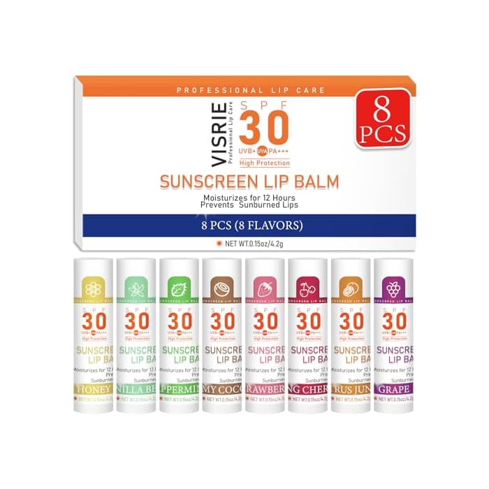 VISRIE SPF 30 Lip Balm with Sunscreen, 8 Pack - 8 Flavors, Hydrating Lip Balm with Vitamin E and Coconut Oil