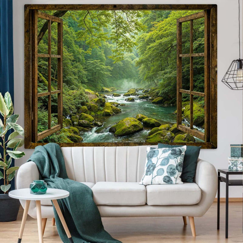 Accnicc Window Forest Tapestry Green Nature Jungle Wall Tapestry for Bedroom Aesthetic Rainforest Stream Outdoor Landscape Small Tapestries Wall Hanging for Dorm Living Room Decor 48 x 36 Inch - Image 2