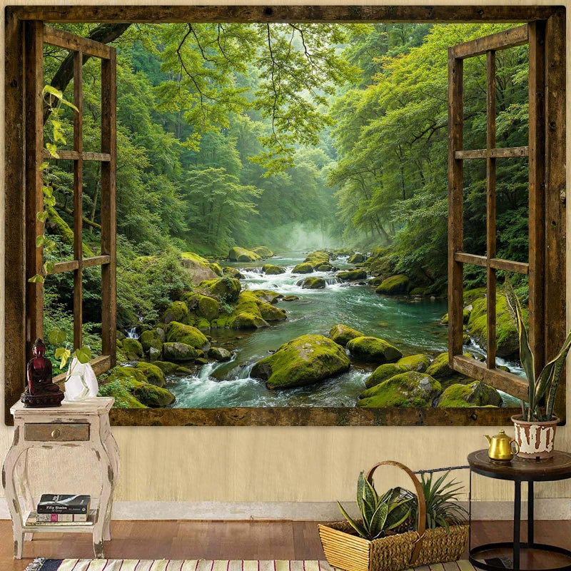 Accnicc Window Forest Tapestry Green Nature Jungle Wall Tapestry for Bedroom Aesthetic Rainforest Stream Outdoor Landscape Small Tapestries Wall Hanging for Dorm Living Room Decor 48 x 36 Inch - Image 3