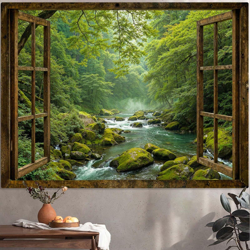 Accnicc Window Forest Tapestry Green Nature Jungle Wall Tapestry for Bedroom Aesthetic Rainforest Stream Outdoor Landscape Small Tapestries Wall Hanging for Dorm Living Room Decor 48 x 36 Inch - Image 1