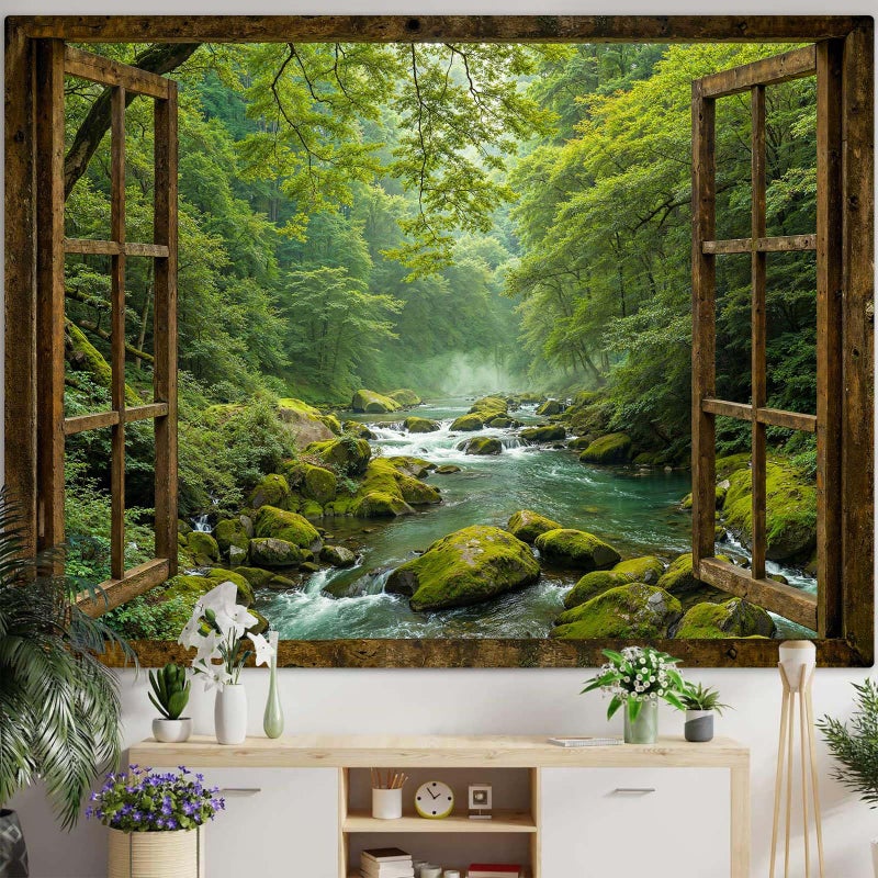 Accnicc Window Forest Tapestry Green Nature Jungle Wall Tapestry for Bedroom Aesthetic Rainforest Stream Outdoor Landscape Small Tapestries Wall Hanging for Dorm Living Room Decor 48 x 36 Inch - Image 5