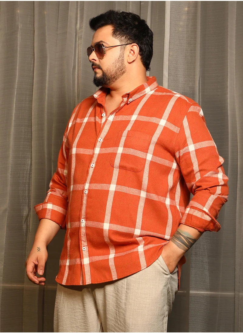 انستافاب بلس Instafab Plus Men's Safety Orange Shepherd-Check Regular Shirt For Casual Wear | Spread Collar | Long Cuffed Sleeves | Button Closure | Plus Size Shirt Crafted With Comfort Fit For Everyday Wear