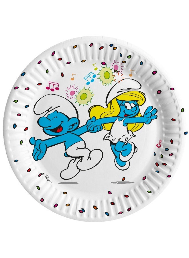 Ciao Smurfs Compostable Paper Plates – 23 cm Party Plates (Pack of 8) with Fun Dancing Smurfs Design - Image 1