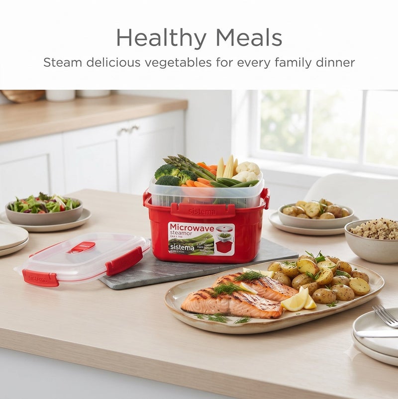Sistema Medium Microwave Steamer 2.4L Food Storage Container with Steam Release Vent, BPA Free Microwave Steaming Box for Vegetables, Rice, Fish, Meal Prep & Healthy Cooking - Red - Image 3