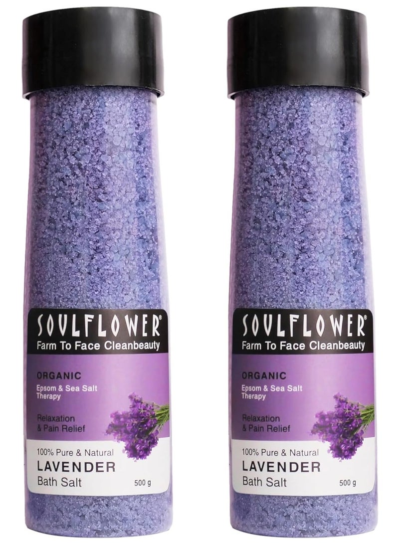 Soulflower ملح استحمام لافندر سولفلاور لجسم وسبا القدمين، مهدئ، مريح، تخفيف آلام العضلات، أروماثيرابي | نقي وطبيعي | ملح البحر، زيت اللافندر العطري وفيتامين E، 500 جرام (عبوة من 2) - Image 1