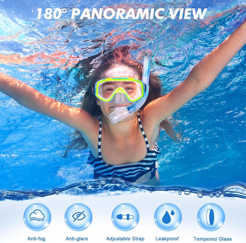 KUYOU Kids Snorkel Set, Children Anti-Fog Diving Mask Swimming Goggles Dry Top Snorkel Equipment Snorkeling Packages Swimming Gear for Youth Boys Girls Age 5-10 - Image 3