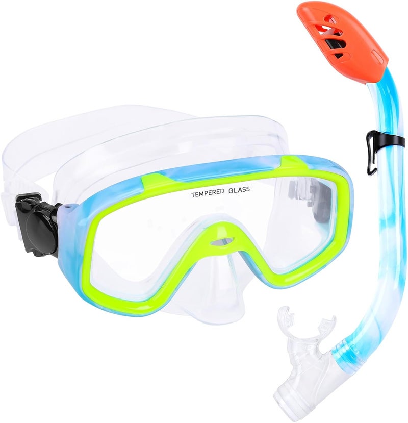 KUYOU Kids Snorkel Set, Children Anti-Fog Diving Mask Swimming Goggles Dry Top Snorkel Equipment Snorkeling Packages Swimming Gear for Youth Boys Girls Age 5-10 - Image 1