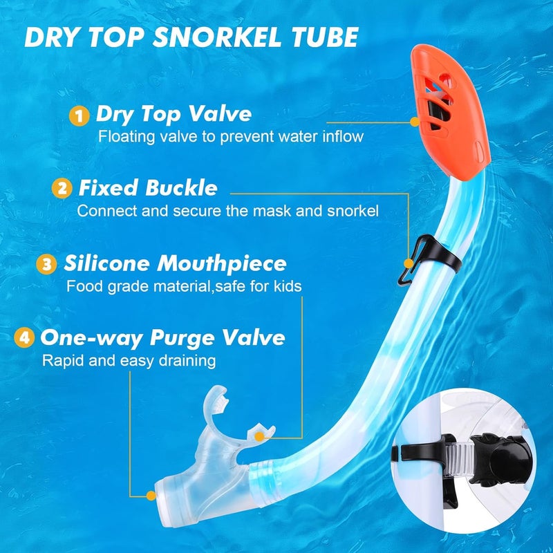 KUYOU Kids Snorkel Set, Children Anti-Fog Diving Mask Swimming Goggles Dry Top Snorkel Equipment Snorkeling Packages Swimming Gear for Youth Boys Girls Age 5-10 - Image 5