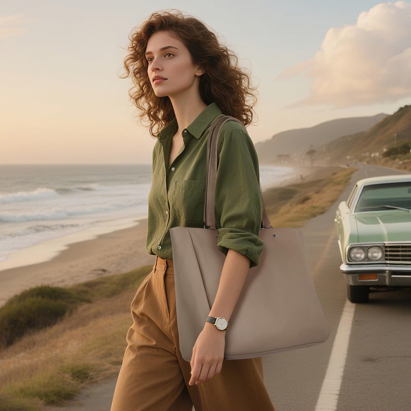 befen Genuine Leather Tote Bag for Women Work, Woman Satchel Purse Shoulder Bags Handbag with Water Cup Holder for Daily & Travel Taupe - Image 2