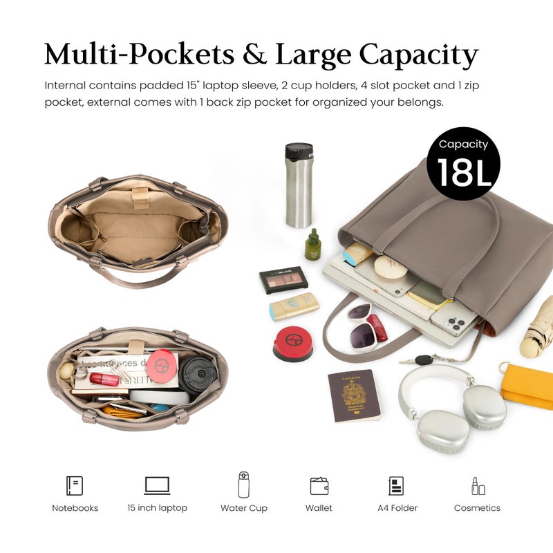 befen Genuine Leather Tote Bag for Women Work, Woman Satchel Purse Shoulder Bags Handbag with Water Cup Holder for Daily & Travel Taupe - Image 3