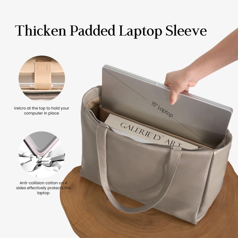 befen Genuine Leather Tote Bag for Women Work, Woman Satchel Purse Shoulder Bags Handbag with Water Cup Holder for Daily & Travel Taupe - Image 4