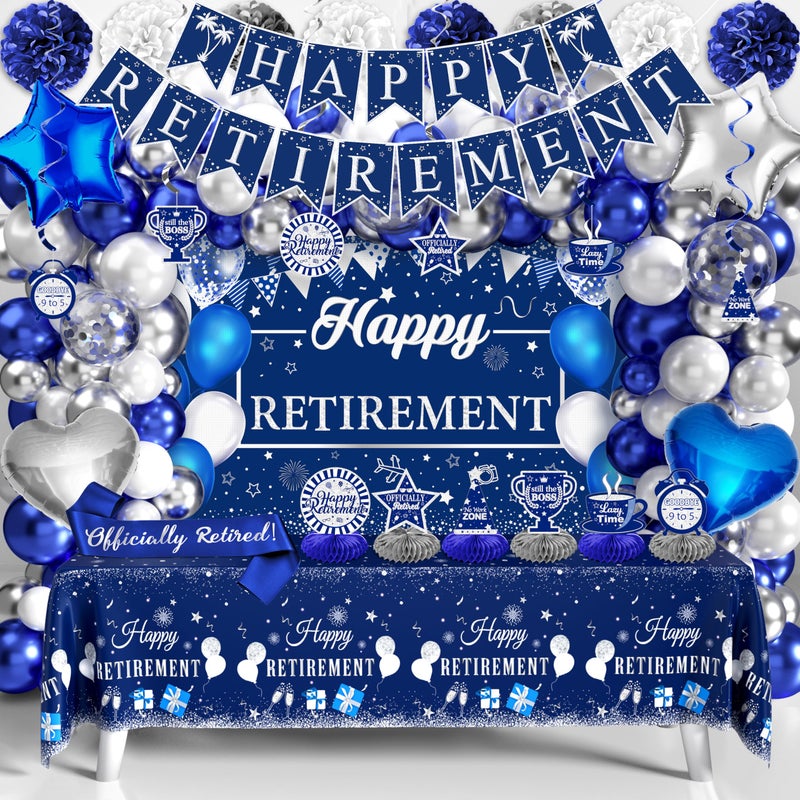 THAWAY Retirement Party Decorations for Men Women 109Pcs Blue Silver Happy Retirement Decorations Include Banner Backdrop Balloons Sash Hanging Swirls Pompoms Tablecloth Honeycomb Centerpiece(Blue Silver) - Image 1
