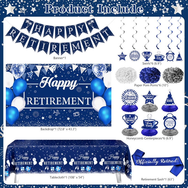 THAWAY Retirement Party Decorations for Men Women 109Pcs Blue Silver Happy Retirement Decorations Include Banner Backdrop Balloons Sash Hanging Swirls Pompoms Tablecloth Honeycomb Centerpiece(Blue Silver) - Image 2