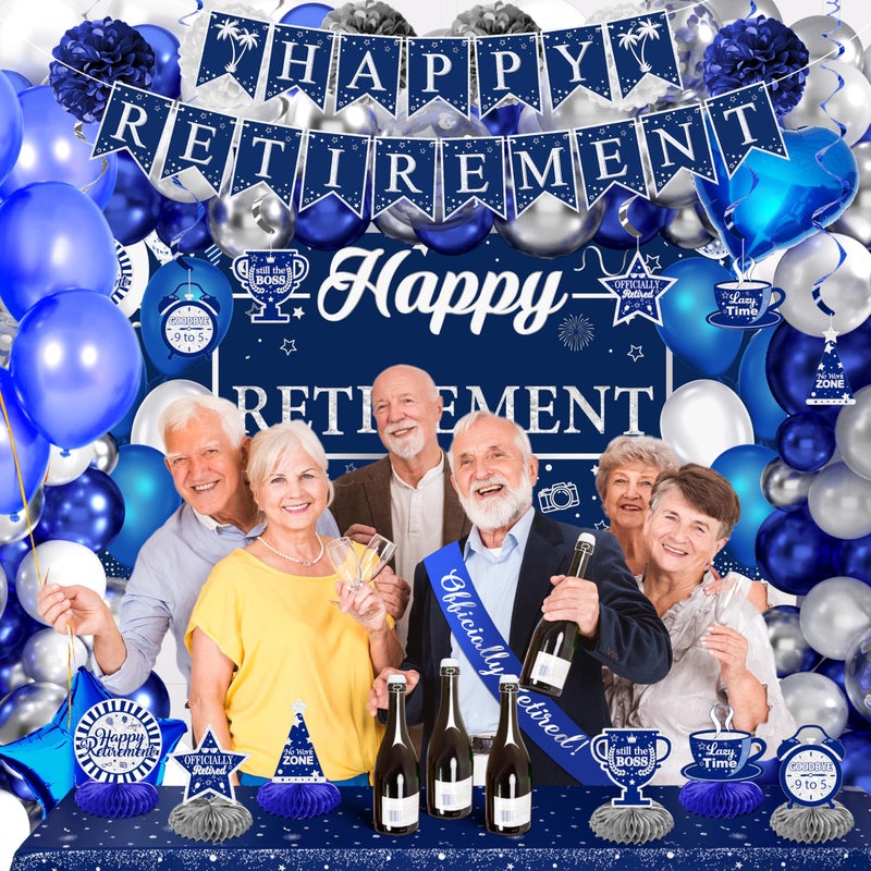 THAWAY Retirement Party Decorations for Men Women 109Pcs Blue Silver Happy Retirement Decorations Include Banner Backdrop Balloons Sash Hanging Swirls Pompoms Tablecloth Honeycomb Centerpiece(Blue Silver) - Image 5