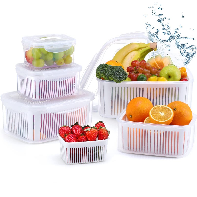 LUXEAR Larger Fruit Vegetable Produce Storage Saver Containers with Lid & Colander 5 Packs BPA-Free Plastic Fresh Keeper Set | Refrigerator Fridge Organizer | for Salad Berry Lettuce Food Celery - Image 1