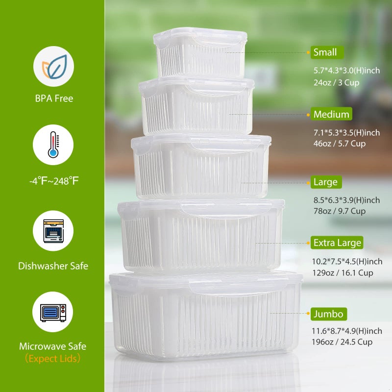LUXEAR Larger Fruit Vegetable Produce Storage Saver Containers with Lid & Colander 5 Packs BPA-Free Plastic Fresh Keeper Set | Refrigerator Fridge Organizer | for Salad Berry Lettuce Food Celery - Image 2