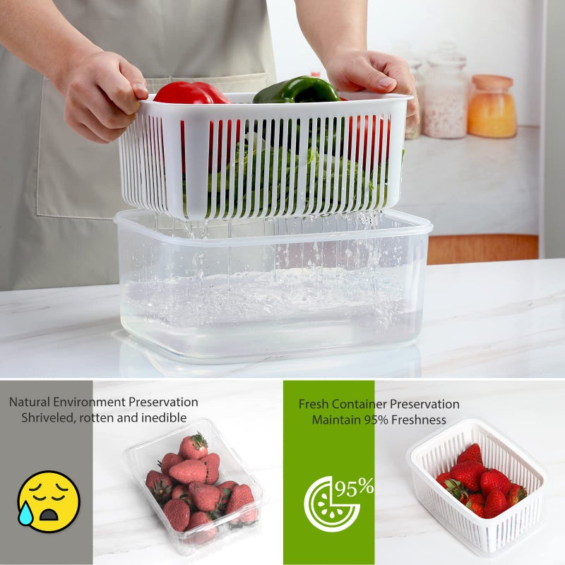 LUXEAR Larger Fruit Vegetable Produce Storage Saver Containers with Lid & Colander 5 Packs BPA-Free Plastic Fresh Keeper Set | Refrigerator Fridge Organizer | for Salad Berry Lettuce Food Celery - Image 4