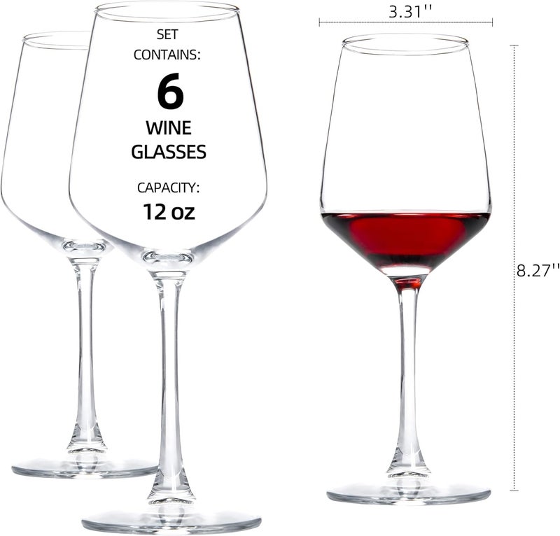 HAKEEMI Red/White Wine Glasses Set of 6, 12 oz Clear Wine Glasses with Stem, Dishwasher Safe - Image 2