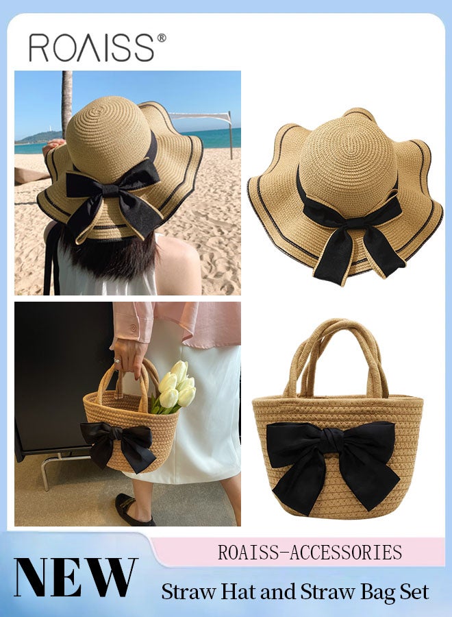 roaiss 2 Pcs Straw Hat and Straw Bag Set, Wide Brim Sun Hat with Bow Decoration, Summer Outdoor UV Protection Beach Hat and Bow Handbag for Women  - Image 1