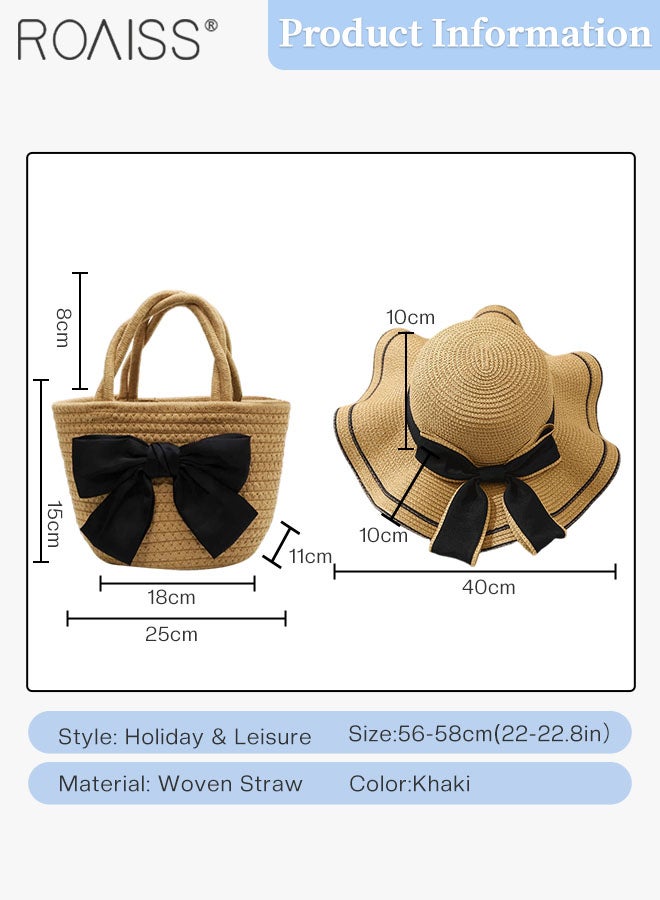 roaiss 2 Pcs Straw Hat and Straw Bag Set, Wide Brim Sun Hat with Bow Decoration, Summer Outdoor UV Protection Beach Hat and Bow Handbag for Women  - Image 3