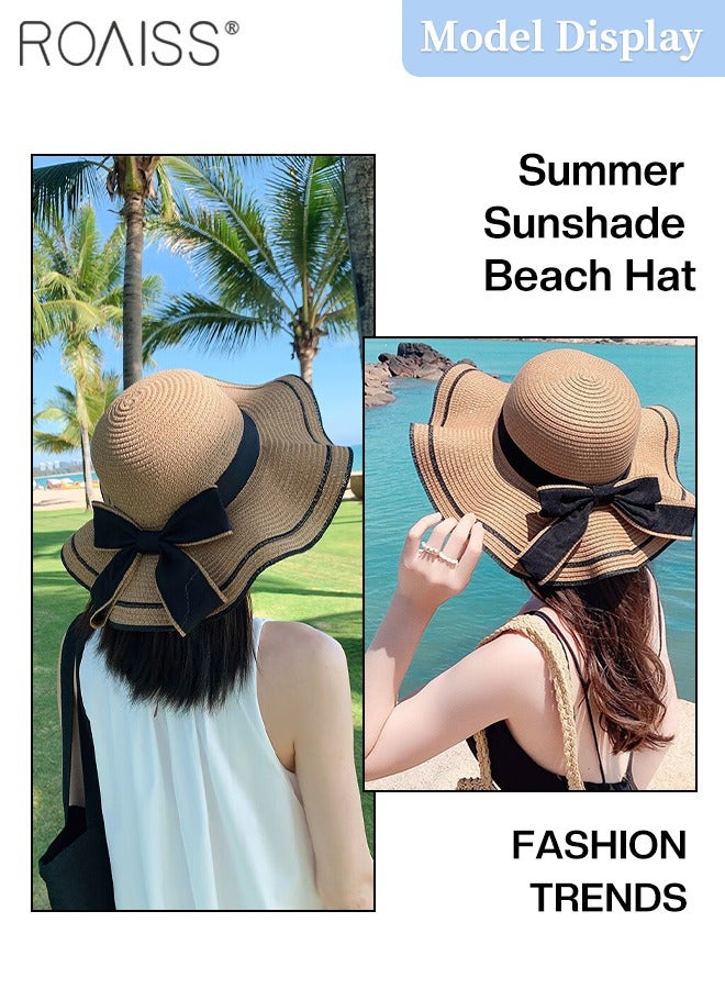 roaiss 2 Pcs Straw Hat and Straw Bag Set, Wide Brim Sun Hat with Bow Decoration, Summer Outdoor UV Protection Beach Hat and Bow Handbag for Women  - Image 2