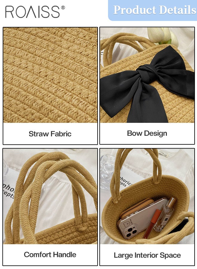 roaiss 2 Pcs Straw Hat and Straw Bag Set, Wide Brim Sun Hat with Bow Decoration, Summer Outdoor UV Protection Beach Hat and Bow Handbag for Women  - Image 5