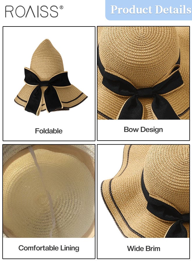 roaiss 2 Pcs Straw Hat and Straw Bag Set, Wide Brim Sun Hat with Bow Decoration, Summer Outdoor UV Protection Beach Hat and Bow Handbag for Women  - Image 4