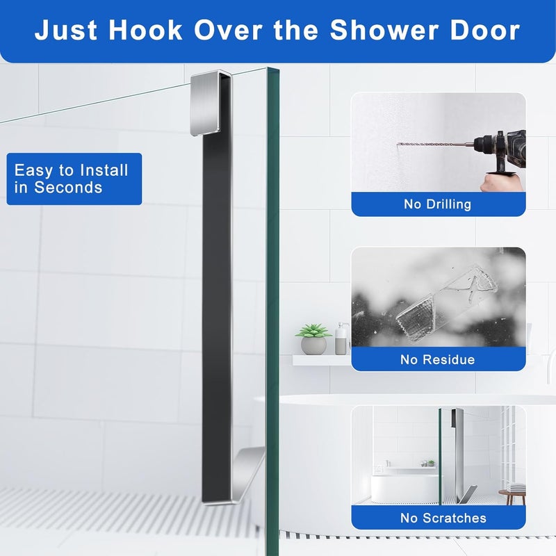 Fumax Shower Door Hooks, 3 Packs, Silver, Stainless Steel, SUS 304, 12 in, Adjustable, Easy Install, Rust Resistant, Minimalist, J-shape, 3.5 lbs Max Weight, Glass Shower Door - Image 2