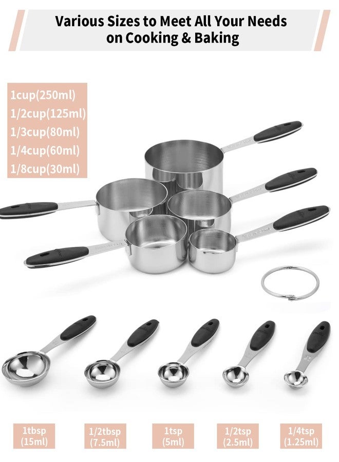 Joyhill Stainless Steel Measuring Cups and Spoons Set of 10 Piece, Nesting Metal Measuring Cups Set with Soft Touch Silicone Handles for Dry and Liquid Ingredients, Cooking & Baking (Black) - Image 2