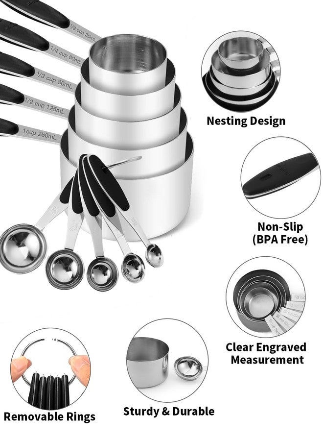 Joyhill Stainless Steel Measuring Cups and Spoons Set of 10 Piece, Nesting Metal Measuring Cups Set with Soft Touch Silicone Handles for Dry and Liquid Ingredients, Cooking & Baking (Black) - Image 3