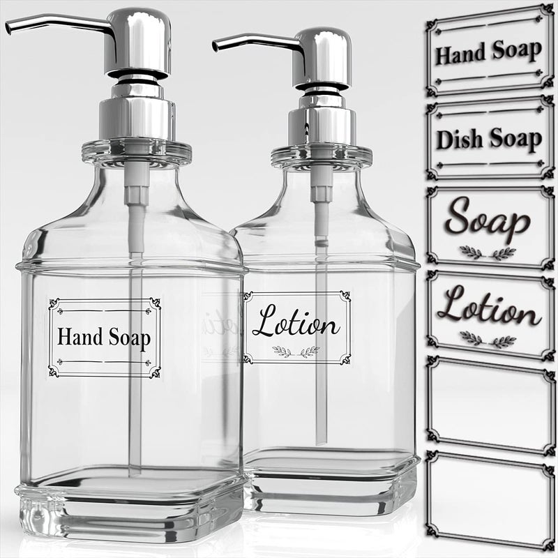 GLADPURE Soap Dispenser  2 Pack 18 Oz Antique Design Thick Glass Hand Soap Dispensers with 304 Rust Proof Stainless Steel Pump 6Pcs Clear Stickers for Kitchen Bathroom  Silver