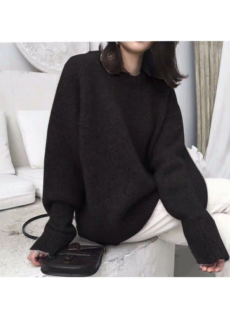 M MIAOYAN Solid color seahorse wool sweater for women, autumn and winter retro style loose inner knitted outer top (one size fits all) 