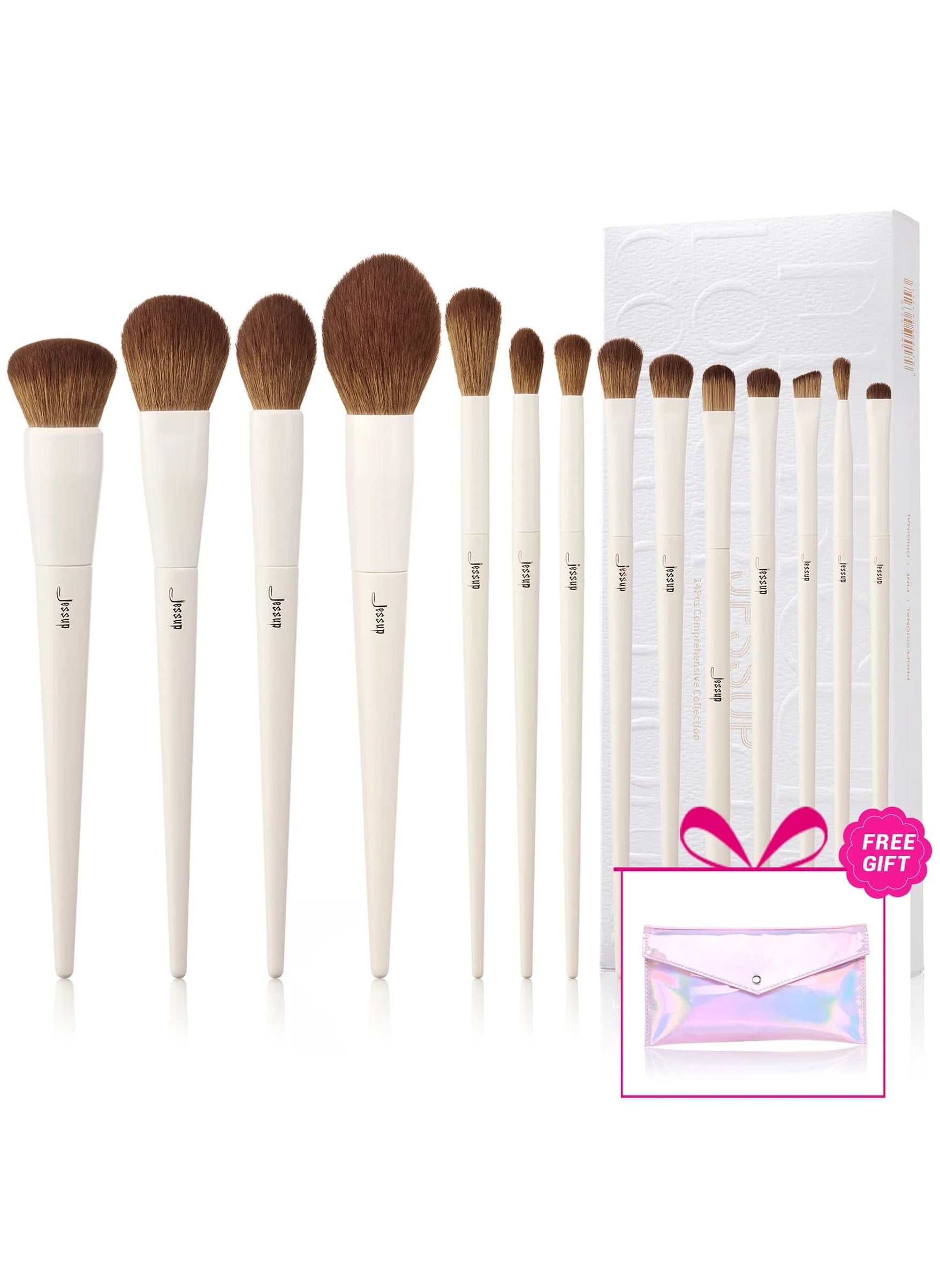 Jessup Jessup Vegan Makeup Brushes Set Professional Eco-friendly Synthetic Powder Foundation Highlight Concealer Eyeshadow Blending Eyebrow Liner Spoolie Brush Set Light Grey 14pcs T329 