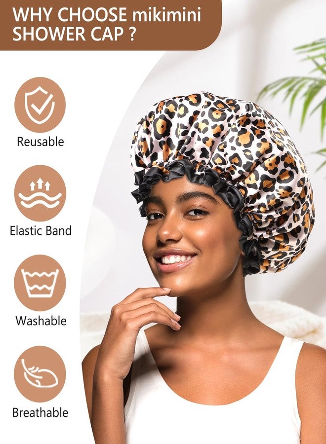 mikimini غطاء استحمام متوسط ميكي ميني للفتيات والنساء، أغطية استحمام أنيقة بنقشة الفهد مع دانتيل أسود، قبعة استحمام قابلة لإعادة الاستخدام ومقاومة للماء للفتيات - Image 4