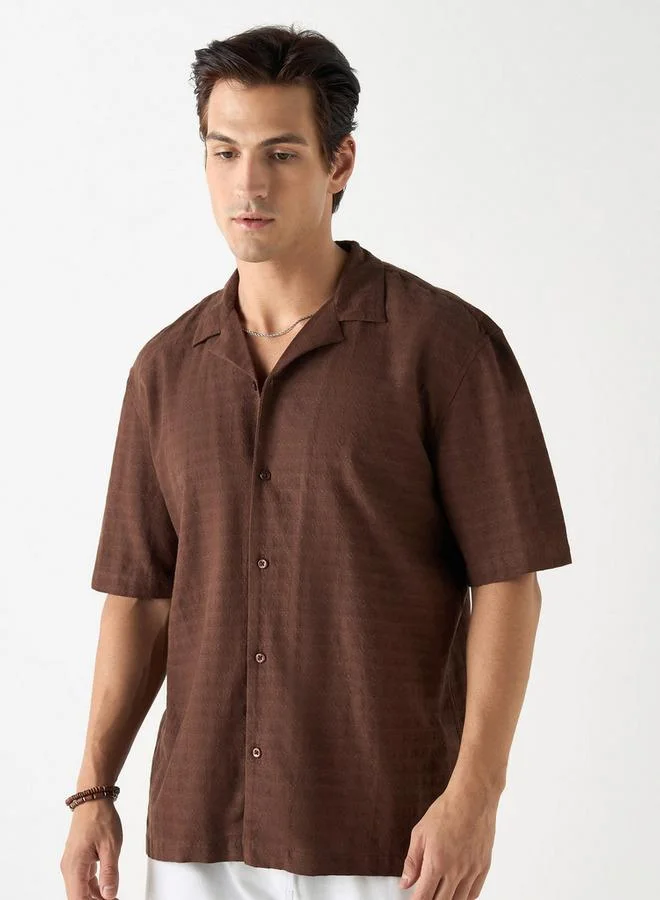 Iconic Iconic Regular Fit Textured Shirt with Camp Collar and Short Sleeves