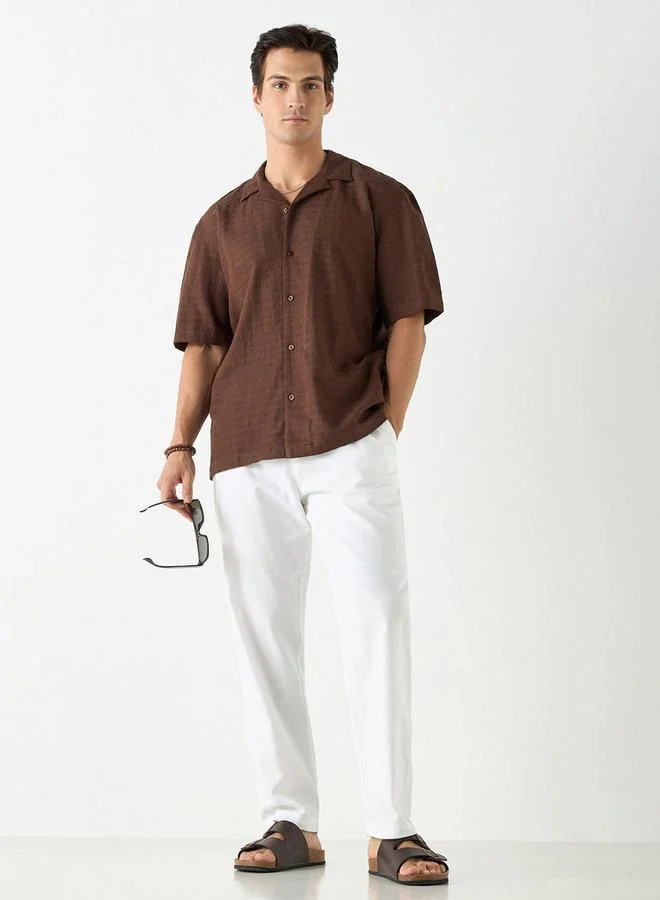 Iconic Iconic Regular Fit Textured Shirt with Camp Collar and Short Sleeves