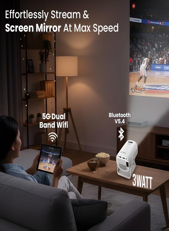 Toreto Prismo Full HD 1080P Smart Projector with WiFi Miracast (Android 12), 150 ANSI Lumens, 120” Display, Bluetooth, Screen Mirroring, HDMI/USB/Aux Support, 7 RGB Ambient Light - White - Image 4