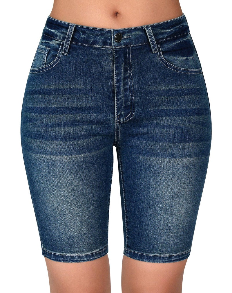 roswear Women's High Waisted Bermuda Shorts Stretchy Knee Length Jean Shorts Blue X-Large - Image 1