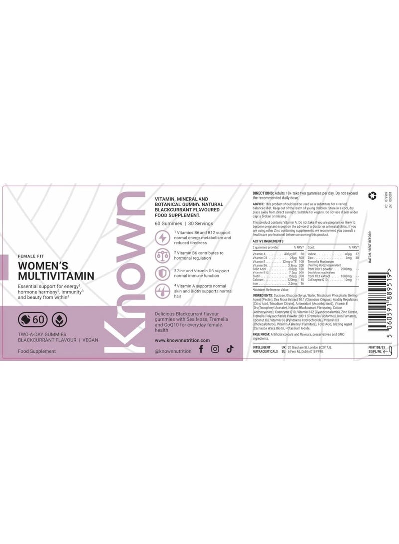 Known Women’s Multivitamin Gummies – Berry Flavour, Vegan Supplement with A, C, D3, E, B6, B12, Biotin, Iron, Zinc & Sea Moss – Energy, Skin, Hair & Immune Support – 1 Month Supply - Image 2