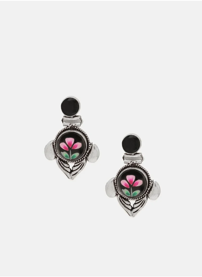 برياسي Plated Artificial Stones Studded Floral Kemp Oxidized Drop Earrings