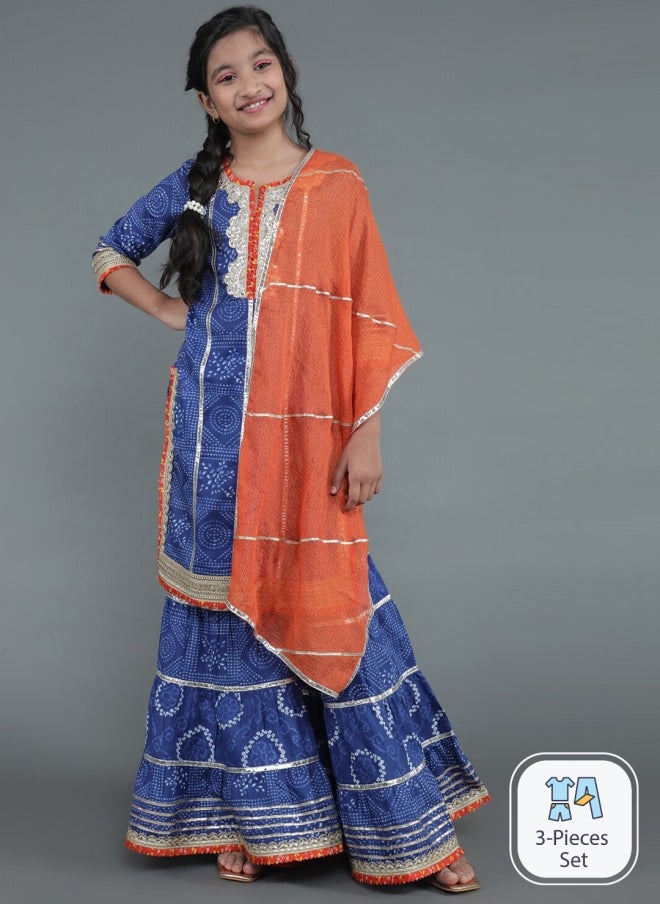 AKS Navy Blue Ethnic Motif Kurta Set for Girls - Image 1