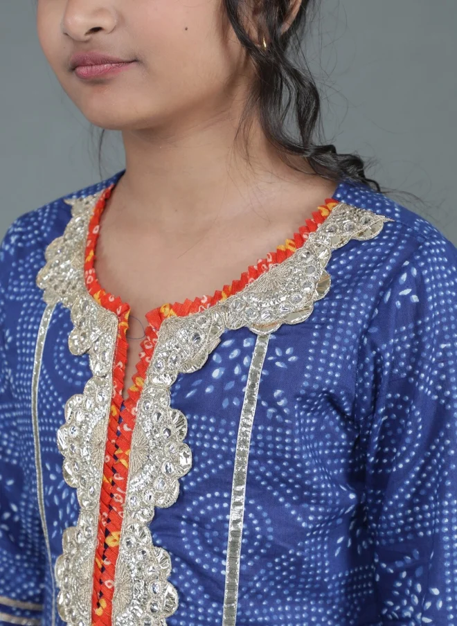 AKS Navy Blue Ethnic Motif Kurta Set for Girls