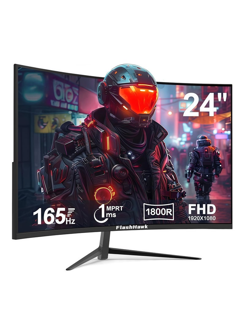 FlashHawk 24-inch Curved Gaming Monitor with Full HD (1920x1080) Resolution, 165Hz Refresh Rate, 1ms Response Time, HDMI and DP Input, Black  - Image 1